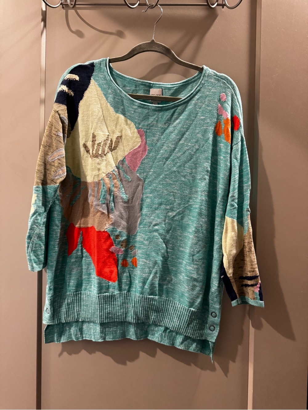 NIC+ZOE Mint Green Abstract Pattern Scoop Neck Sweater